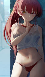 Rule 34 | 1girl, absurdres, against wall, bare shoulders, bikini, breasts, closed mouth, collarbone, commentary, cowboy shot, gluteal fold, heterochromia, highres, hololive, houshou marine, houshou marine (summer), index finger raised, large breasts, long hair, looking at viewer, navel, ponnu (nikeytina), red bikini, red eyes, red hair, see-through, shirt, solo, swimsuit, thighs, tied shirt, tied sleeves, very long hair, virtual youtuber, wet, wet clothes, wet shirt, white shirt, yellow eyes