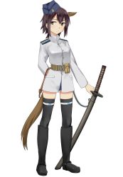 Rule 34 | 1girl, animal ears, aohashi ame, arm behind back, belt, black eyes, black hair, black thighhighs, blue hat, boots, brown belt, commentary request, epaulettes, frown, full body, garrison cap, hat, highres, holster, horse ears, horse tail, jacket, katana, knee boots, long hair, long sleeves, looking at viewer, military, military hat, military uniform, no pants, original, pouch, sheath, sheathed, short hair, simple background, solo, standing, swimsuit, swimsuit under clothes, sword, tail, thighhighs, tilted headwear, uniform, weapon, white background, white jacket, world witches series