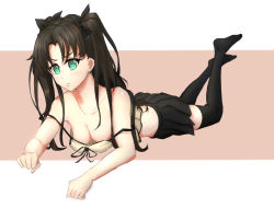 Rule 34 | 1girl, ahchih, bare shoulders, blush, breasts, brown hair, closed mouth, downblouse, fate/stay night, fate (series), green eyes, hanging breasts, long hair, looking at viewer, lying, medium breasts, no bra, off shoulder, on stomach, skirt, solo, strap slip, thighhighs, tohsaka rin, twintails