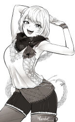 Rule 34 | 1girl, armpits, bare shoulders, blonde hair, braid, cropped legs, final fantasy, final fantasy xvi, greyscale, hair ornament, high collar, highres, long hair, looking at viewer, low-tied long hair, midadol telamon, monochrome, open mouth, ravenhart, ribbon, scarf, simple background, single braid, solo, standing, stretching, tank top, very long hair, white background, white tank top