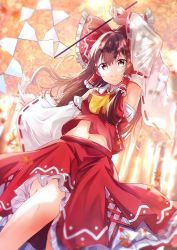 Rule 34 | 1girl, armpits, bow, brown eyes, brown hair, closed mouth, detached sleeves, forest, gohei, hair bow, hair tubes, hakurei reimu, looking at viewer, medium hair, nature, navel, outdoors, red bow, red shirt, red skirt, renka (cloudsaikou), ribbon-trimmed sleeves, ribbon trim, sarashi, shide, shirt, skirt, smile, solo, touhou, tree, wide sleeves