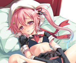 Rule 34 | 10s, 1girl, asymmetrical hair, bed, bed sheet, black bra, black gloves, black panties, blue hair, bra, clothes lift, colored eyelashes, cushion, elbow gloves, gloves, gradient hair, hair between eyes, harusame (kancolle), kantai collection, kumao mofumofu, looking at viewer, lying, midriff, multicolored hair, on back, out-of-frame censoring, panties, parted lips, pink eyes, pink hair, school uniform, serafuku, shirt lift, side ponytail, skirt, skirt lift, solo, spread legs, underwear