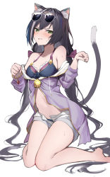 Rule 34 | 1girl, amagasa yun, animal ear fluff, animal ears, bikini, black hair, blush, cat ears, cat tail, embarrassed, eyewear on head, green eyes, highres, jacket, karyl (princess connect!), karyl (summer) (princess connect!), looking at viewer, low twintails, multicolored hair, off shoulder, paw pose, princess connect!, shorts, solo, streaked hair, sunglasses, swimsuit, tail, twintails, white background