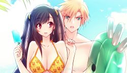 Rule 34 | 1boy, 1girl, beach, bikini, bird, black hair, blonde hair, blue eyes, blush, breasts, cleavage, cloud, cloud strife, cloudy sky, costa del sol, couple, earrings, final fantasy, final fantasy vii, final fantasy vii remake, food, holding, inflatable toy, jewelry, large breasts, long hair, minato (ct 777), open mouth, palm leaf, popsicle, red eyes, sabotender, sky, spiked hair, square enix, swimsuit, tifa lockhart, topless male, twintails, twitter username, yellow bikini