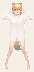 1girl absurdres animal_ears blonde_hair bottomless breasts double_v full_body highres indie_virtual_youtuber long_sleeves looking_down medium_breasts orange_eyes raccoon_ears raccoon_girl raccoon_tail runoe_305 see-through see-through_shirt shirt short_hair standing tail tanukina_yuino triangle_mouth v v_over_eye virtual_youtuber white_shirt