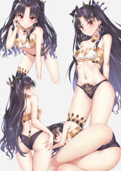 Rule 34 | &gt;:(, 1girl, adjusting hair, arms behind back, ass, bandeau, bare arms, bare shoulders, black hair, black ribbon, blush, breasts, butt crack, cameltoe, cleavage, closed mouth, commentary request, crop top, earrings, fate/grand order, fate (series), frown, grey background, groin, hair ribbon, hand in own hair, hand up, highres, hoop earrings, ishtar (fate), jewelry, leaning forward, long hair, looking at viewer, looking back, lying, multiple views, navel, on side, parted bangs, profile, red eyes, revealing clothes, ribbon, rong yi tan, simple background, small breasts, smile, standing, strapless, thighs, tiara, tube top, two side up, v-shaped eyebrows, very long hair