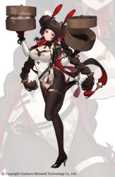 Rule 34 | 1girl, :3, animal ears, bamboo steamer, baozi, black footwear, braid, breasts, brown hair, brown pantyhose, character request, cleavage, closed mouth, cropped jacket, detached collar, detached sleeves, double bun, dress, fake animal ears, food, full body, girls&#039; frontline, gloves, gun, hair bun, handgun, high heels, highres, large breasts, long hair, looking at viewer, low twin braids, official art, pantyhose, projected inset, rabbit ears, red eyes, red gloves, rex zero 1, rex zero 1 (girls&#039; frontline), rex zero 1 (pervasive aroma) (girls&#039; frontline), side slit, smile, solo, standing, standing on one leg, steam, strapless, strapless dress, thigh strap, thighband pantyhose, twin braids, weapon, white dress, wulazula