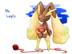 Rule 34 | 1girl, animal nose, ball, body fur, brown fur, closed eyes, creatures (company), english text, female focus, flat chest, full body, furry, furry female, game freak, gen 4 pokemon, holding, holding ball, invisible chair, knees together feet apart, long ears, lopunny, natsutyu, nintendo, open mouth, pokemon, pokemon (creature), rabbit ears, rabbit girl, rabbit tail, sitting, solo, string, two-tone fur, u u, white background, yarn, yarn ball, yellow fur