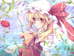 Rule 34 | 1girl, ascot, bad id, bad pixiv id, blonde hair, blush, crystal, female focus, flandre scarlet, flower, hat, hat ribbon, miyaoi, plant, pointy ears, puffy sleeves, red eyes, ribbon, rose, short hair, short sleeves, side ponytail, solo, star (symbol), torn, touhou, vines, wings