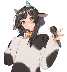 Rule 34 | 1girl, animal ears, beijuu, bell, black choker, black hair, blue eyes, choker, copyright request, cow ears, cow horns, grin, holding, holding microphone, horns, looking at viewer, microphone, neck bell, short hair, short hair with long locks, simple background, sleeves past wrists, smile, solo, upper body, white background