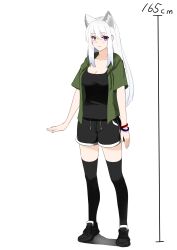 Rule 34 | 1girl, absurdres, animal ear fluff, animal ears, black footwear, black shorts, black tank top, black thighhighs, bracelet, breasts, commentary, drawstring, english commentary, erik-m1999, extra ears, full body, green hoodie, hair behind ear, height, highres, hood, hood down, hoodie, jewelry, long hair, medium breasts, mixed-language commentary, original, purple eyes, second-party source, shadow, shoes, short sleeves, shorts, sidelocks, smile, sneakers, solo, suzuki-shi, tank top, thighhighs, white background
