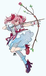 Rule 34 | 1girl, absurdres, bow (weapon), breasts, chinese commentary, closed mouth, commentary request, dress, frilled socks, frills, gloves, hair ribbon, highres, holding, holding bow (weapon), holding weapon, kaname madoka, magical girl, mahou shoujo madoka magica, mahou shoujo madoka magica (anime), nainaier007, pink eyes, pink hair, red footwear, red ribbon, ribbon, shoes, simple background, small breasts, socks, solo, twintails, v-shaped eyebrows, weapon, white background, white gloves, white socks