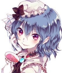 Rule 34 | 1girl, alcohol, ascot, blue hair, choker, cup, earrings, fang, ginzuki ringo, hat, hat ribbon, jewelry, mob cap, open mouth, pointy ears, portrait, red eyes, remilia scarlet, ribbon, simple background, smile, solo, touhou, white background, wine