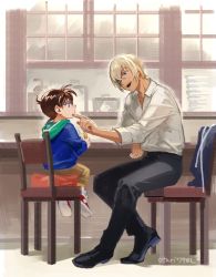 Rule 34 | 2boys, :d, amuro tooru, black footwear, black pants, blonde hair, blue eyes, blue hoodie, brown hair, brown shorts, chair, child, closed mouth, collared shirt, commentary request, crossed legs, dark-skinned male, dark skin, edogawa conan, food, glasses, hair between eyes, holding, holding food, hood, hood down, hoodie, indesign, indoors, long sleeves, looking at another, male focus, meitantei conan, multiple boys, on chair, open mouth, pants, red footwear, sandwich, shadow, shirt, shirt tucked in, shoes, short hair, short sleeves, shorts, signature, sitting, smile, sneakers, table, teeth, upper teeth only, white shirt, window, wiping face