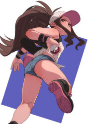 Rule 34 | 1girl, ass, bag, bare legs, bare shoulders, black vest, blue shorts, blush, boots, breasts, commentary request, creatures (company), from behind, from below, frown, fu-ta, game freak, hat, highres, hilda (pokemon), holding, holding poke ball, leaning forward, legs, long hair, looking at viewer, looking back, looking down, micro shorts, midriff, midriff peek, nintendo, open clothes, open vest, panties, panty peek, poke ball, pokemon, pokemon bw, ponytail, shirt, shorts, sleeveless, sleeveless shirt, small breasts, solo, standing, standing on one leg, tank top, thighs, underwear, upshorts, very long hair, vest, white panties, white shirt, wristband