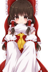 Rule 34 | 1girl, ascot, bow, brown eyes, brown hair, collared shirt, detached sleeves, frilled bow, frilled shirt collar, frills, hair bow, hair tubes, hakurei reimu, half updo, highres, long hair, red bow, red shirt, red skirt, ribbon-trimmed sleeves, ribbon trim, sakura mochi (kanade-8961-uriuri), shirt, sidelocks, skirt, skirt set, sleeveless, sleeveless shirt, solo, touhou, white background, wide sleeves, yellow ascot