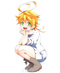 Rule 34 | 1girl, :d, ahoge, blush, boots, emma (yakusoku no neverland), female focus, funnyari, green eyes, looking at viewer, messy hair, neck tattoo, open mouth, short hair with long locks, simple background, skirt, smile, solo, squatting, tattoo, white background, white skirt, yakusoku no neverland