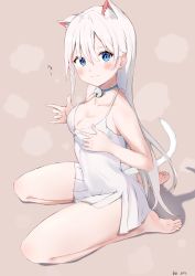 Rule 34 | 1girl, animal ear fluff, animal ears, auui, bare arms, bare legs, bare shoulders, barefoot, bell, blue choker, blue eyes, blush, breasts, brown background, cat ears, cat girl, cat tail, choker, cleavage, closed mouth, collarbone, commentary request, dress, hair between eyes, highres, jingle bell, long hair, looking at viewer, medium breasts, neck bell, original, pleated dress, seiza, shadow, sitting, sleeveless, sleeveless dress, smile, soles, solo, tail, thick eyebrows, very long hair, white dress
