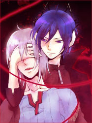 Rule 34 | &gt;:), 2boys, :d, ahoge, black cape, cape, closed mouth, collarbone, covering own eyes, dark background, devil survivor, hand on another&#039;s head, headphones, long sleeves, male focus, multiple boys, naoya (devil survivor), nazumi (sepaseri), open mouth, protagonist (devil survivor), purple eyes, purple hair, shirt, silver hair, smile, striped clothes, striped shirt, upper body, v-shaped eyebrows, vertical-striped clothes, vertical-striped shirt, zipper