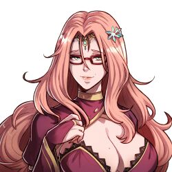 Rule 34 | 1girl, blue eyes, breasts, bridal gauntlets, circlet, cleavage, commission, cornelia arnim, fire emblem, fire emblem: three houses, glasses, gzei, highres, large breasts, lipstick, long hair, makeup, mole, nintendo, pink hair, pink lips, red-framed eyewear, second-party source