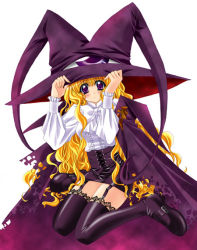 Rule 34 | 00s, 1girl, blonde hair, blush, carnelian, garter straps, hat, lilith (yamibou), long hair, looking at viewer, pencil skirt, purple eyes, simple background, skirt, solo, thighhighs, very long hair, white background, witch hat, yami to boushi to hon no tabibito, zettai ryouiki