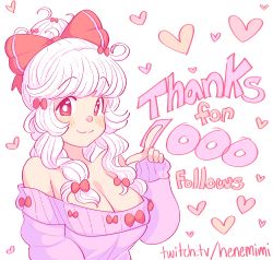 Rule 34 | 1girl, bare shoulders, bow, breasts, cleavage, hair bow, hand up, heart, henemimi, highres, index finger raised, large breasts, long hair, milestone celebration, mimi (henemimi), off-shoulder sweater, off shoulder, original, purple sweater, red bow, sleeves past wrists, solo, sweater, thank you, watermark, web address, white background, white hair