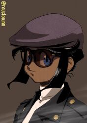 Rule 34 | 1girl, artist name, black-framed eyewear, black hair, black jacket, blue eyes, brown background, close-up, closed mouth, commentary, dark-skinned female, dark skin, english commentary, expressionless, film grain, flat cap, from side, grey hat, gunsmith cats, hair up, hat, highres, jacket, looking at viewer, looking to the side, portrait, rally vincent, revclownn, shirt, sidelocks, simple background, smoke, solo, sunglasses, turtleneck, twitter username, white shirt