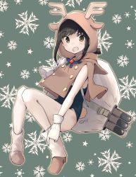Rule 34 | 1girl, :d, absurdres, animal costume, antlers, black hair, blush, fake tail, fubuki (kancolle), full body, gloves, green background, green eyes, highres, horns, kantai collection, ma rukan, open mouth, reindeer antlers, reindeer costume, sack, short hair, short ponytail, signature, smile, snowflake background, solo, star (symbol), starry background, tail, torpedo, white gloves
