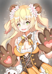 Rule 34 | 1girl, :d, absurdres, animal bag, animal ears, animal hands, bare arms, bare shoulders, bear bag, bear ears, bear paws, bell, blonde hair, bow, bowtie, breasts, cleavage, cleavage cutout, clothing cutout, corset, cross-laced clothes, cutout above navel, fang, flower, frilled shirt, frilled skirt, frills, gloves, green eyes, hair flower, hair ornament, highres, hololive, jingle bell, large breasts, light blush, long hair, momosuzu nene, multicolored neckwear, neck bell, okine (okine691), open mouth, orange shirt, orange skirt, paw gloves, shirt, skirt, skirt set, sleeveless, sleeveless shirt, smile, solo, teeth, two side up, underbust, upper teeth only, virtual youtuber