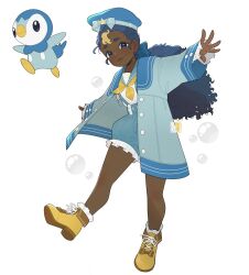 Rule 34 | 1girl, beret, bloomers, blue coat, blue eyes, blue hair, blue headwear, blue ribbon, blue sailor collar, blush, bubble, coat, creature and personification, creatures (company), crown print, curly hair, dark-skinned female, dark skin, footwear ribbon, frilled shirt, frills, game freak, gen 4 pokemon, hair ribbon, hat, hat ribbon, highres, humanization, jacequilart, long hair, looking at viewer, low ponytail, multicolored hair, neckerchief, nintendo, open clothes, open coat, outstretched arms, piplup, pokemon, pokemon (creature), ribbon, sailor collar, shirt, smile, spread arms, suspenders, thick eyebrows, two-tone hair, underwear, white background, white shirt, yellow footwear, yellow neckerchief