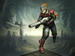 Rule 34 | 1boy, alien, armor, blonde hair, boots, cannon, cloud, energy gun, floating, flying, gloves, harrier (character), head, headgear, landscape, mammoth, monster, mountain, realistic, redesign, rock, science fiction, sega, spacecraft, space harrier, spiked hair, starfighter, sunrise, visor, weapon