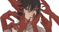 Rule 34 | 1boy, 6+others, bishounen, black hair, colored skin, hand in another&#039;s hair, hand on another&#039;s shoulder, hands on another&#039;s face, highres, kagoya1219, long bangs, looking at viewer, male focus, multiple others, original, out of frame, parted lips, portrait, red skin, shirt, short hair, simple background, solo focus, white background, white shirt