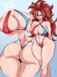 Rule 34 | 1girl, absurdres, android 21, areola slip, bikini, blue eyes, breasts, brown hair, cleavage, covered erect nipples, curvy, daf n half, dragon ball, dragon ball fighterz, female focus, glasses, gluteal fold, highres, large breasts, long hair, looking at viewer, narrow waist, navel, simple background, skindentation, solo, swimsuit, thick thighs, thighs, veins, veiny breasts, wide hips