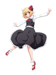 Rule 34 | 1girl, ascot, black skirt, black vest, blonde hair, blush, closed mouth, collared shirt, commentary request, flat chest, frilled shirt collar, frilled skirt, frilled socks, frills, full body, hair ribbon, highres, long sleeves, looking at viewer, mary janes, ootsuki wataru, outstretched arms, red ascot, red eyes, red footwear, red ribbon, ribbon, rumia, shirt, shoes, short hair, simple background, skirt, skirt set, smile, socks, solo, spread arms, touhou, transparent background, vest, white shirt, white socks