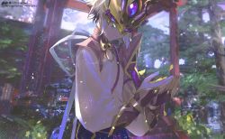 Rule 34 | 1boy, chinese clothes, cupping hands, fate/grand order, fate (series), grey hair, hair between eyes, horned mask, hou (ppo), light particles, male focus, mask, masked, own hands together, petals, prince of lan ling (fate), purple eyes, solo, upper body