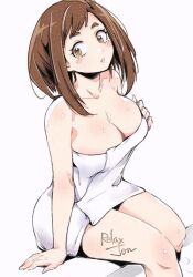Rule 34 | 1girl, artist name, bare shoulders, blush, boku no hero academia, breasts, brown eyes, cleavage, collarbone, from above, hand on own chest, large breasts, looking to the side, medium breasts, naked towel, parted lips, relaxjon, short hair, sitting, solo, tagme, towel, uraraka ochako, white background