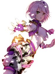 Rule 34 | 1girl, animal print, bad id, bad twitter id, breasts, dutch angle, epaulettes, fingerless gloves, gambe, gloves, green eyes, grey hair, hair between eyes, hands up, hat, idol clothes, looking at viewer, medium breasts, mini hat, open mouth, pants, pretty series, pripara, purple gloves, reaching, reaching towards viewer, shikyoin hibiki, shirt, short hair, simple background, solo, standing, tearing up, white background, white hat, white shirt