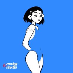Rule 34 | 1girl, arms behind back, artist name, black hair, blending, blue background, breasts, covered navel, cowboy shot, cravingdoodles, hair ornament, hairclip, medium breasts, one-piece swimsuit, original, short hair, simple background, solo, swimsuit