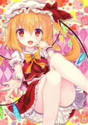 Rule 34 | 1girl, :d, blonde hair, blush, bow, bowtie, brooch, convenient leg, crystal, flandre scarlet, frilled shirt collar, frilled skirt, frilled sleeves, frills, hair between eyes, hat, hat ribbon, highres, jewelry, kittona, looking at viewer, mob cap, open mouth, puffy short sleeves, puffy sleeves, red eyes, red ribbon, red skirt, red vest, ribbon, short sleeves, side ponytail, skirt, smile, solo, touhou, traditional media, vest, watercolor pencil (medium), wings, wrist cuffs, yellow bow, yellow bowtie