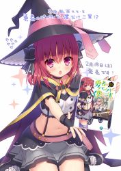 Rule 34 | &gt;:o, 1girl, :o, bad id, bad pixiv id, blush, book, cape, copyright name, crop top, flying sweatdrops, half updo, hat, holding, holding book, midriff, navel, novel (object), red eyes, red hair, release date, sacraneco, shoes, skirt, solo, sparkle background, suspenders, v-shaped eyebrows, witch hat, yuusha no party de boku dake nigun!?