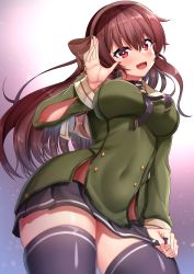 Rule 34 | .live, 1girl, absurdres, biro-budou, black thighhighs, blush, breasts, brown hair, commentary request, headband, highres, large breasts, long hair, looking at viewer, open mouth, red eyes, school uniform, simple background, solo, thighhighs, virtual youtuber, waving, yaezawa natori