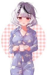 Rule 34 | 1girl, animal print, black hair, blunt bangs, braid, breasts, button gap, collarbone, commentary request, cowboy shot, cup, fish print, highres, holding, holding cup, hololive, ineka ka, large breasts, long sleeves, looking at viewer, multicolored hair, navel, no bra, open mouth, pajamas, partially unbuttoned, print pajamas, red eyes, sakamata chloe, short hair, simple background, solo, streaked hair, two-tone hair, virtual youtuber, white hair