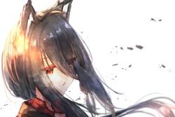 Rule 34 | 1girl, absurdres, animal ears, black hair, eyes visible through hair, fox ears, from side, hair between eyes, highres, hololive, huge filesize, long hair, messy hair, parted lips, portrait, red eyes, shirakami fubuki, sidelocks, simple background, solo, virtual youtuber, white background, yu hydra