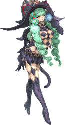 Rule 34 | 1girl, belt, black footwear, boots, breasts, drill hair, eyelashes, fiore brunelli, full body, green hair, hat, high heel boots, high heels, highres, holding, lips, lipstick, long hair, looking at viewer, makeup, microskirt, official art, revealing clothes, sega, skirt, solo, square enix, standing, star ocean, star ocean integrity and faithlessness, tail, very long hair, witch hat, yellow eyes