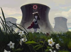 Rule 34 | 1girl, absurdres, arms at sides, bag, black shorts, blue eyes, brown hair, cloud, cloudy sky, cooling tower, day, field, floating hair, flower, grass, hair between eyes, halo, highres, jacket, jacket partially removed, kgt (pixiv12957613), landscape, legs together, long hair, long sleeves, monster, nature, off shoulder, original, outdoors, red jacket, scenery, shirt, shorts, shoulder bag, sidelocks, sky, solo, white flower, white shirt