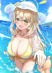 Rule 34 | 1boy, 1girl, absurdres, artist request, bikini, blonde hair, blue archive, breasts, green eyes, halo, hat, highres, holding hands, large breasts, long hair, nonomi (blue archive), nonomi (swimsuit) (blue archive), open mouth, partially submerged, pov, see-through, shirt, side-tie bikini bottom, smile, swimsuit, water, white headwear, yellow bikini