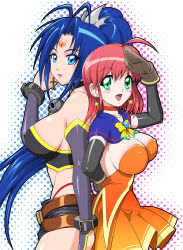 Rule 34 | 2girls, ahoge, alice wishheart, back-to-back, bare shoulders, blue eyes, blue hair, blush, bow, breasts, cleavage, cross, cross earrings, dress, earrings, gloves, green eyes, huge breasts, jewelry, large breasts, lipstick, looking at viewer, magical halloween, makeup, multiple girls, no bra, open mouth, orange skirt, ponytail, rosemary bergamot, salute, shopyun, short shorts, shorts, skirt, star (symbol), star earrings, yellow bow