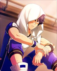 Rule 34 | 1boy, arm support, bandaid, bandaid on face, bandaid on nose, blue eyes, blue hair, fingernails, idolmaster, idolmaster side-m, idolmaster side-m growing stars, male focus, official art, one eye covered, parted lips, short sleeves, sitting, sweat, taiga takeru, third-party source, towel, towel on head, wristband
