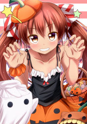 Rule 34 | 10s, 1girl, bare shoulders, basket, brown eyes, brown hair, candy, claw pose, collarbone, dark-skinned female, dark skin, food, grin, halloween, halloween costume, jack-o&#039;-lantern, kantai collection, libeccio (kancolle), long hair, pumpkin skirt, shirt, skirt, smile, solo, star (symbol), sui. (ayase), tank top, twintails, very long hair