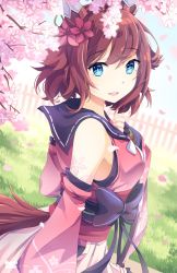 Rule 34 | 1girl, animal ears, blue eyes, breasts, commentary, commission, detached sleeves, english commentary, fence, flower, grass, hair flower, hair ornament, highres, horse ears, horse tail, looking at viewer, medium breasts, medium hair, min jeungi, petals, sakura chiyono o (umamusume), sky, solo, tail, twitter username, umamusume